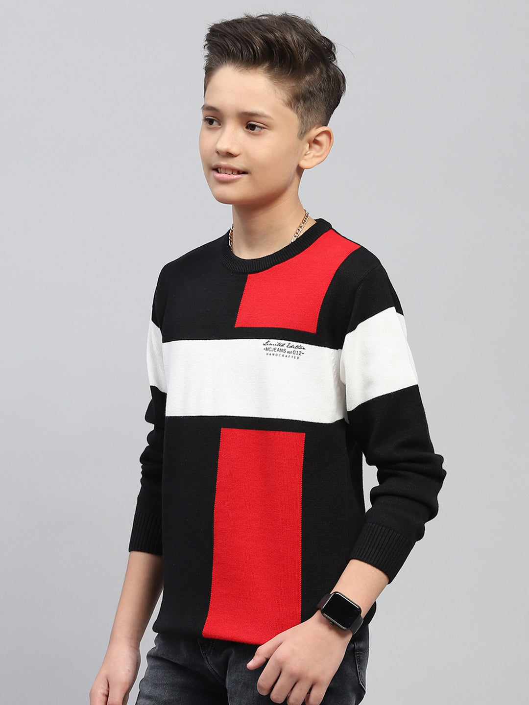 Boys Black Self Design Round Neck Full Sleeve Pullover