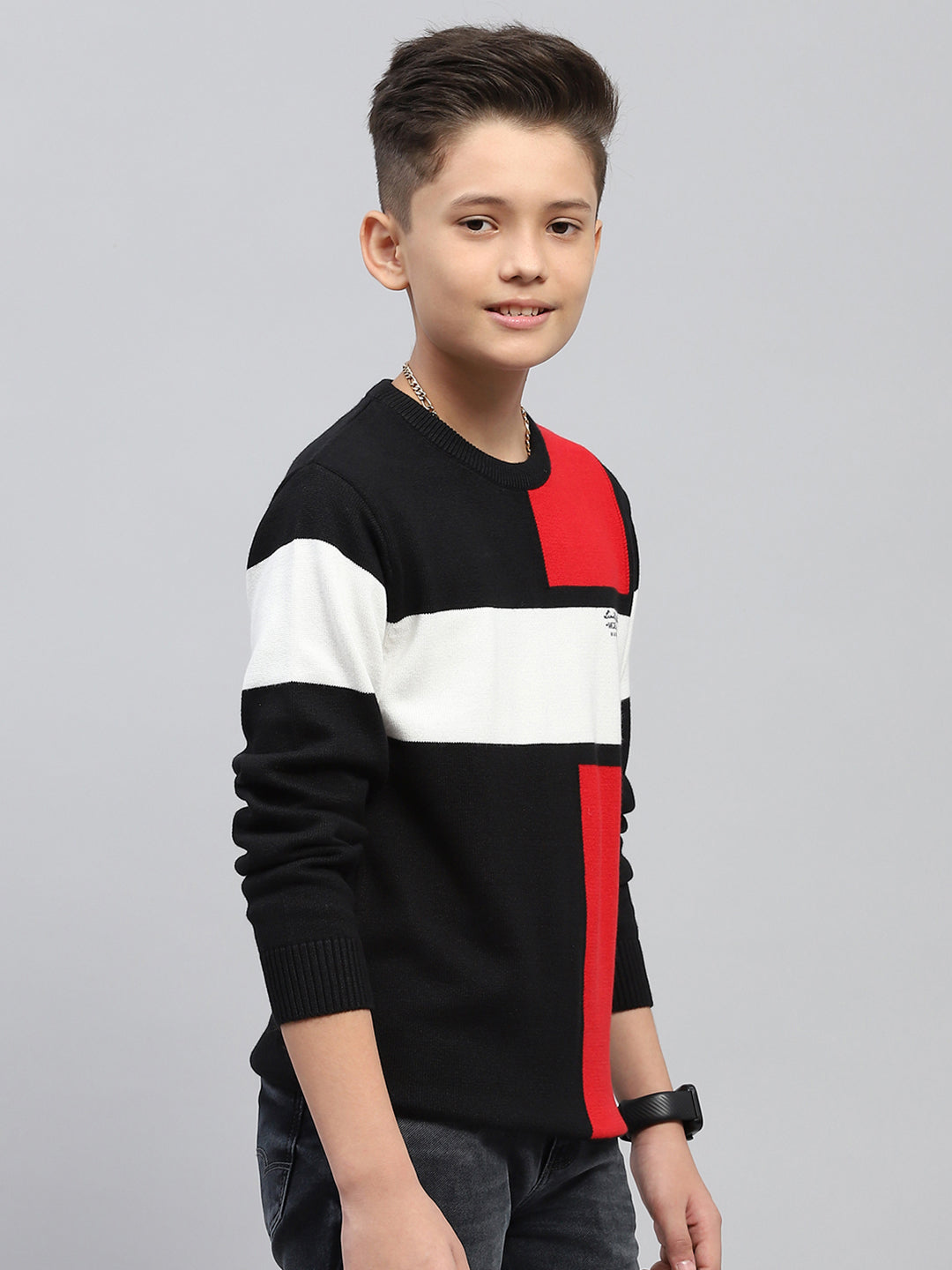 Boys Black Self Design Round Neck Full Sleeve Pullover