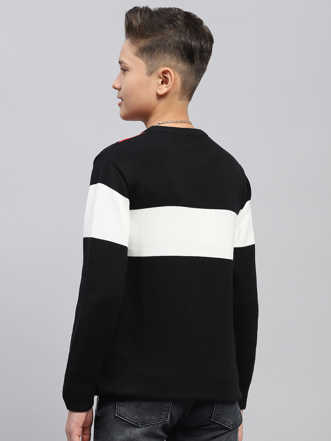 Boys Black Self Design Round Neck Full Sleeve Pullover