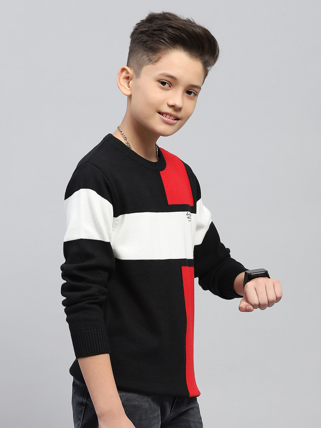 Boys Black Self Design Round Neck Full Sleeve Pullover