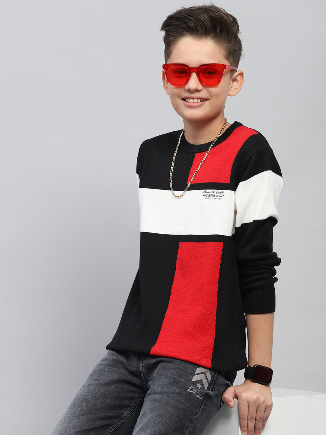 Boys Black Self Design Round Neck Full Sleeve Pullover