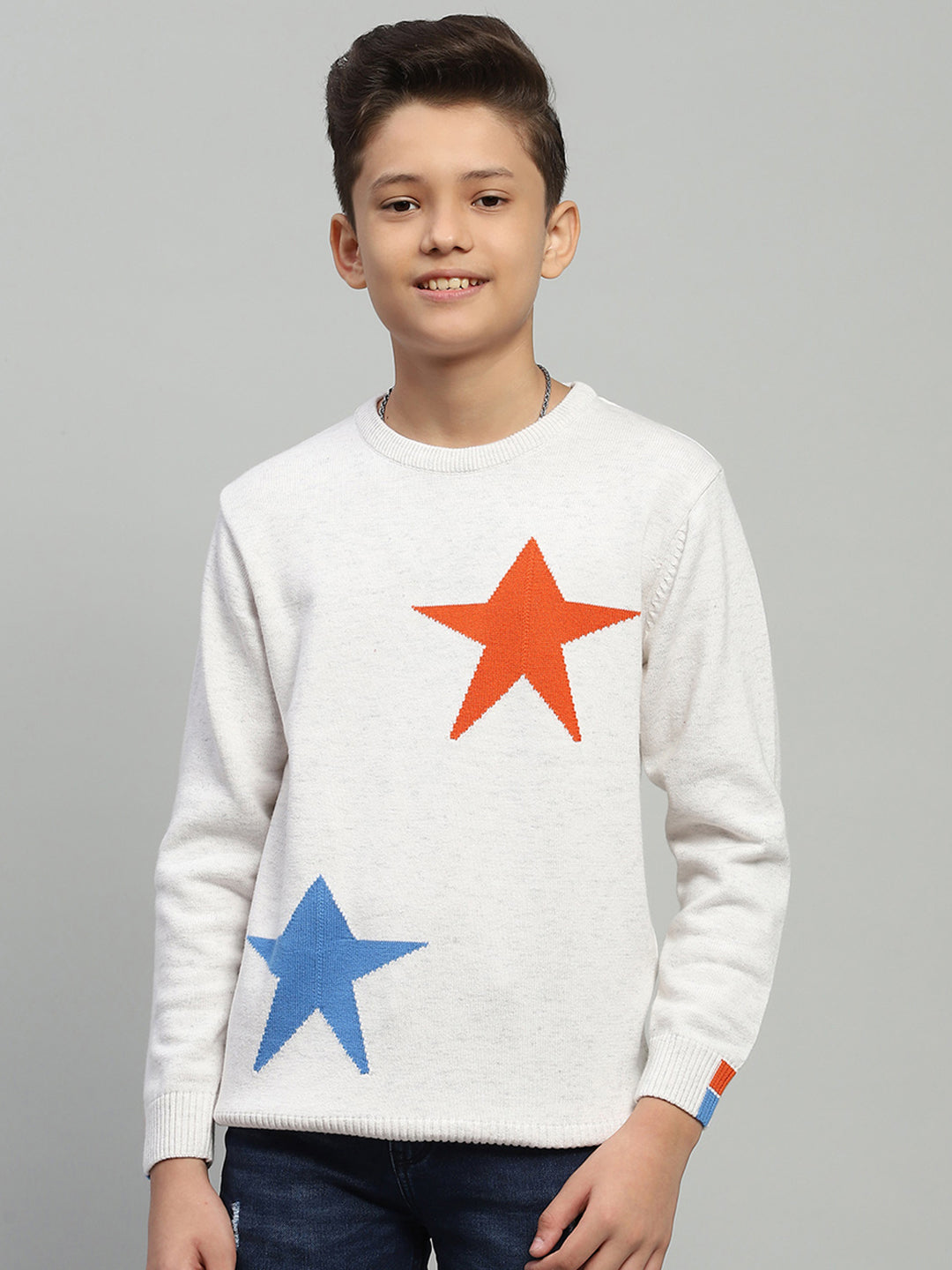 Boys White Self Design Round Neck Full Sleeve Pullover