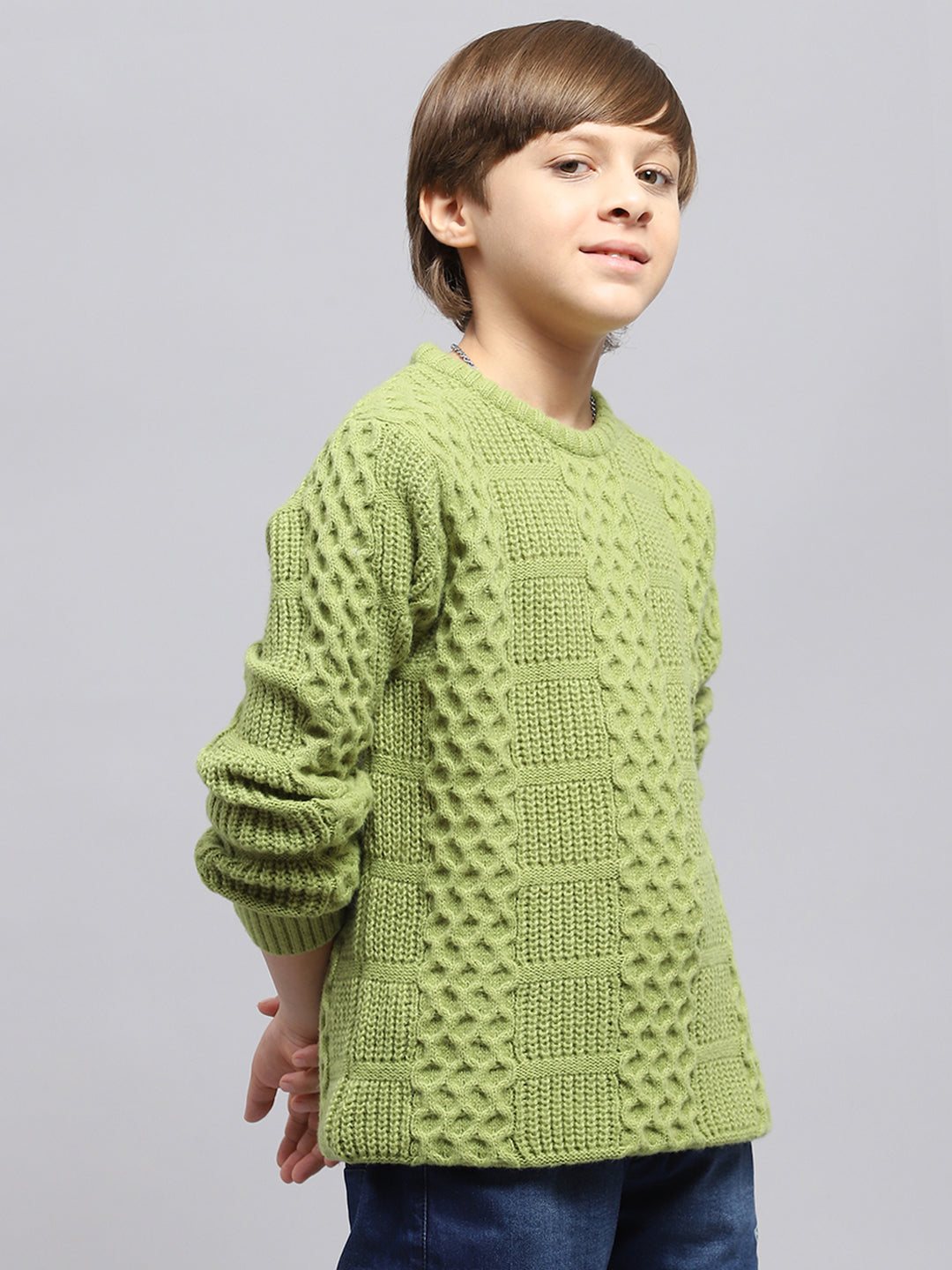 Boys Green Self Design Round Neck Full Sleeve Pullover