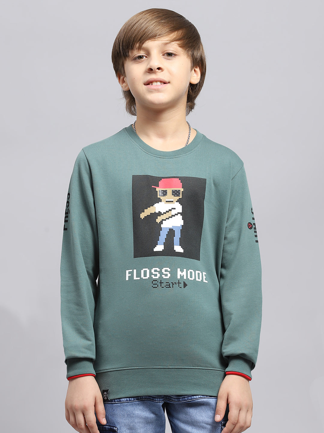 Boys Green Printed Round Neck Full Sleeve Sweatshirt