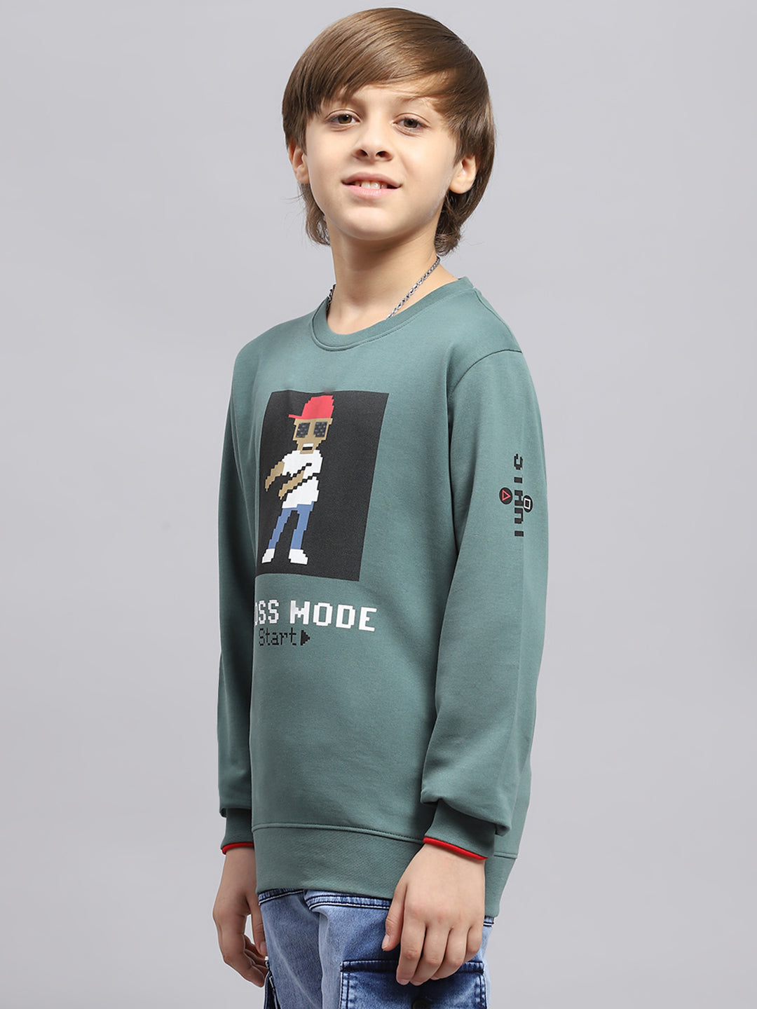 Boys Green Printed Round Neck Full Sleeve Sweatshirt