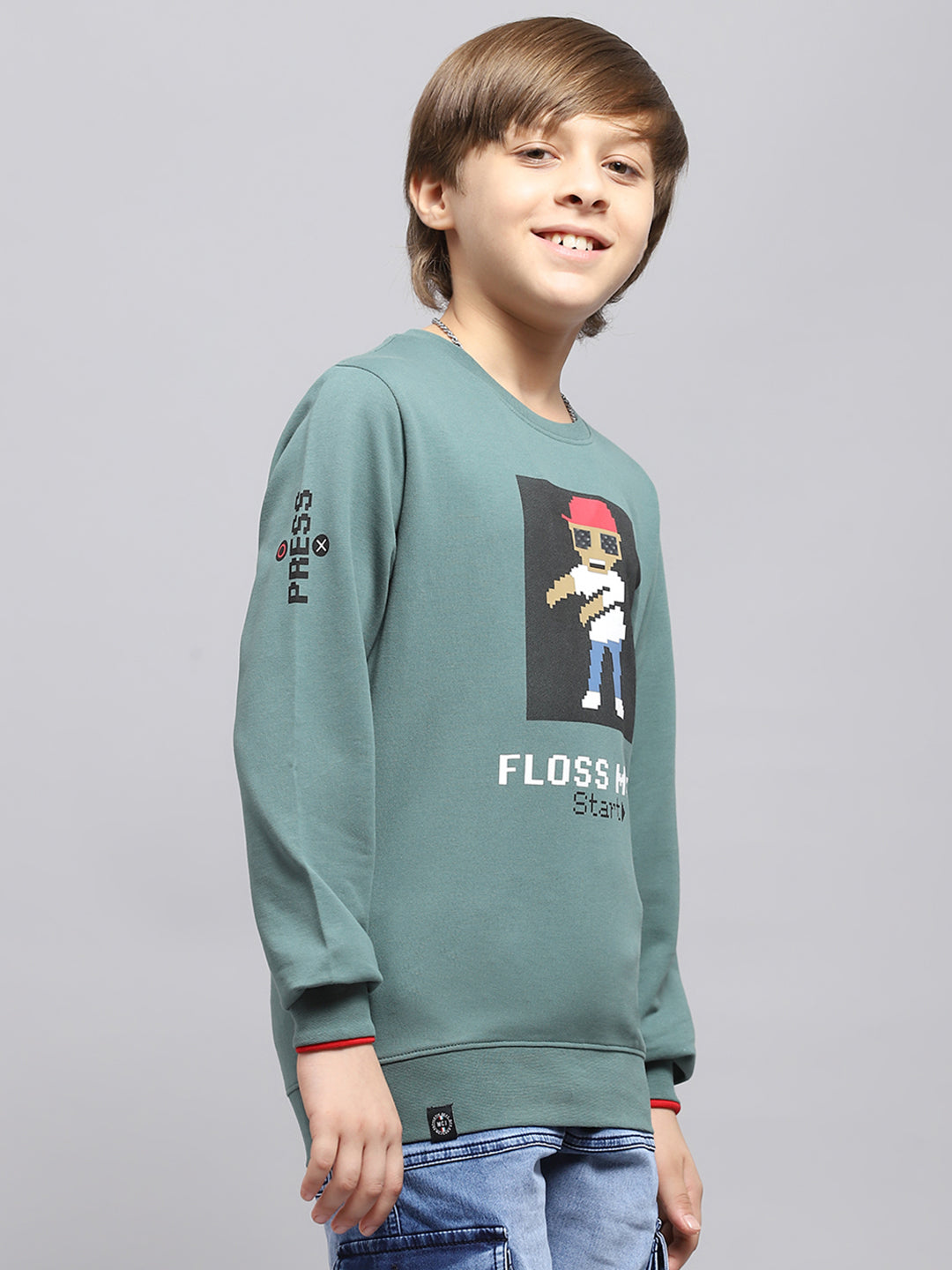 Boys Green Printed Round Neck Full Sleeve Sweatshirt