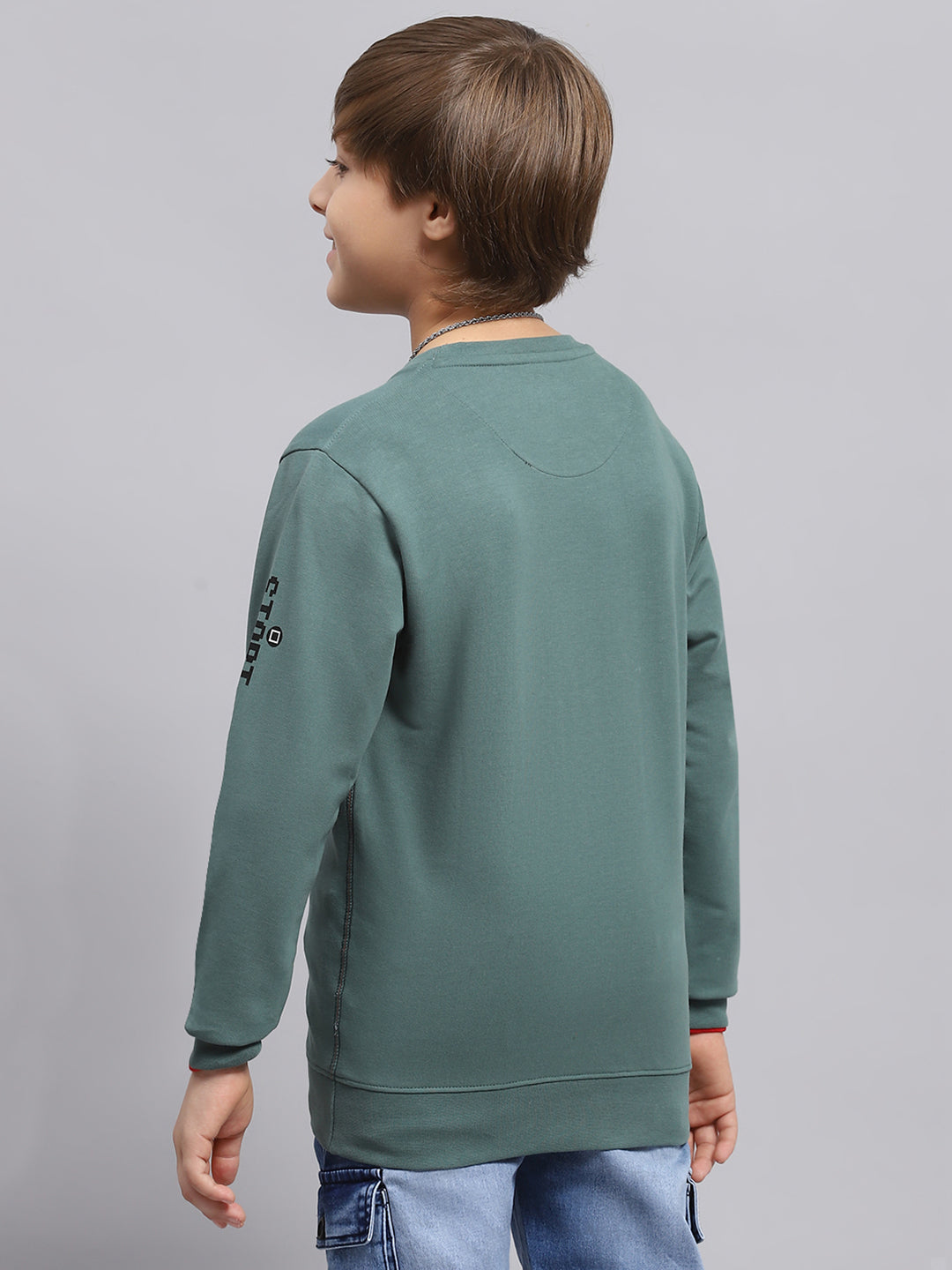 Boys Green Printed Round Neck Full Sleeve Sweatshirt