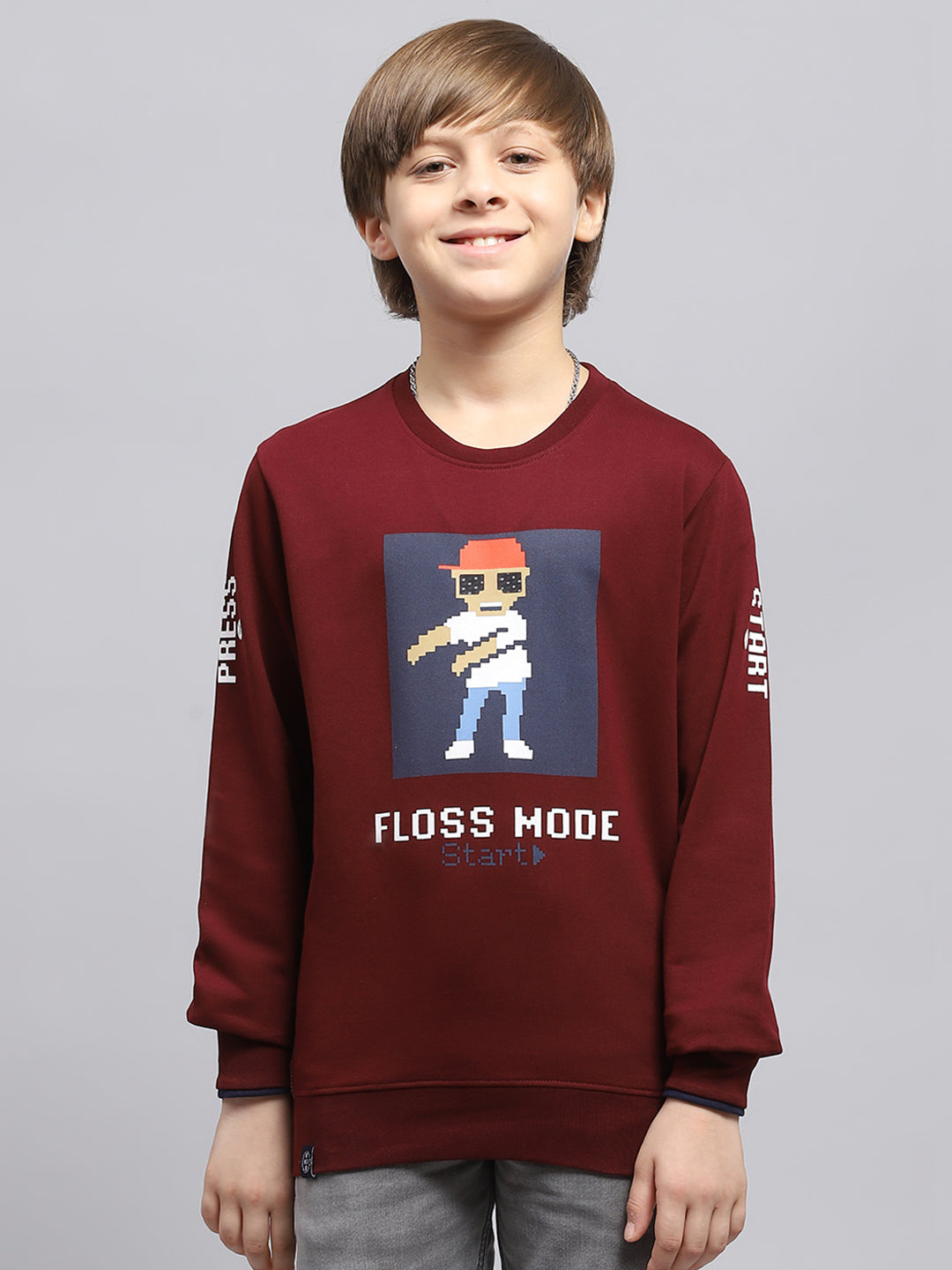 Boys Maroon Printed Round Neck Full Sleeve Sweatshirt