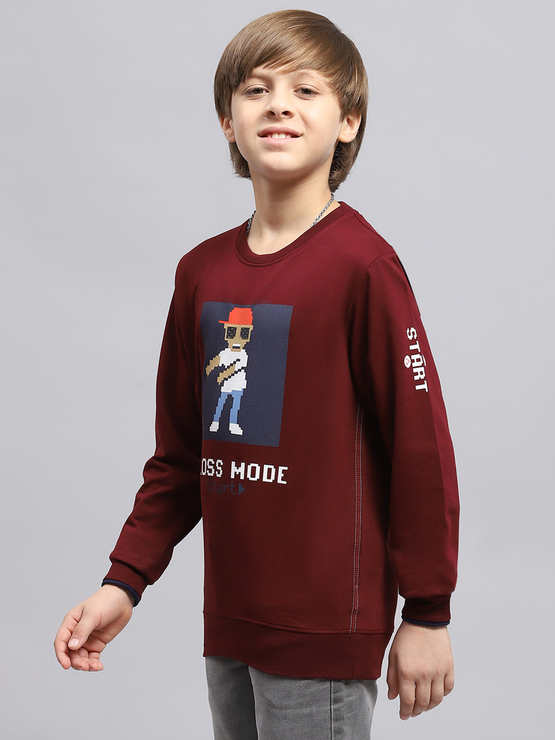 Boys Maroon Printed Round Neck Full Sleeve Sweatshirt