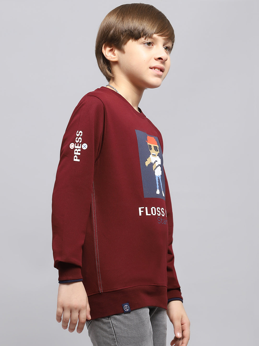 Boys Maroon Printed Round Neck Full Sleeve Sweatshirt