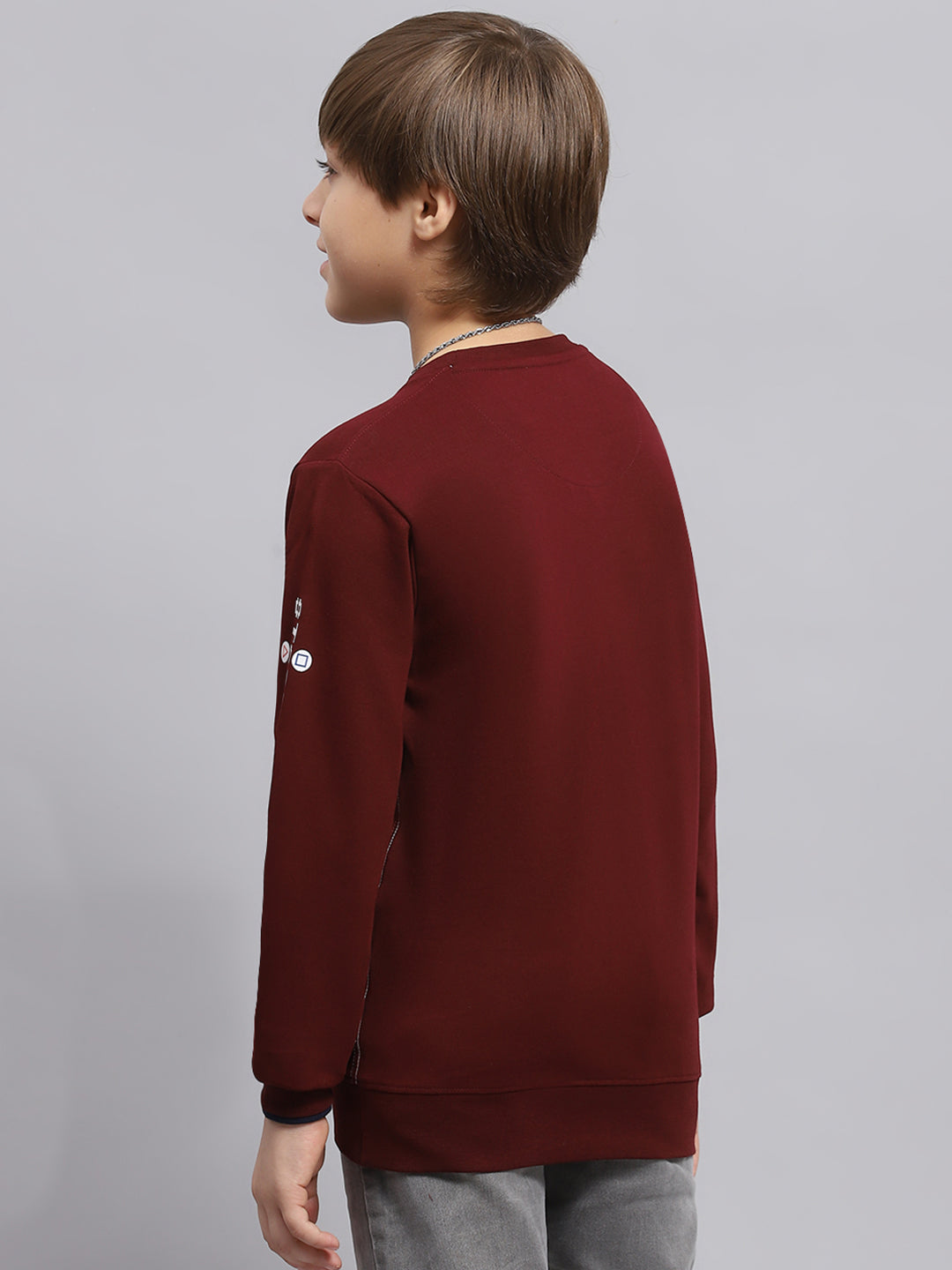 Boys Maroon Printed Round Neck Full Sleeve Sweatshirt