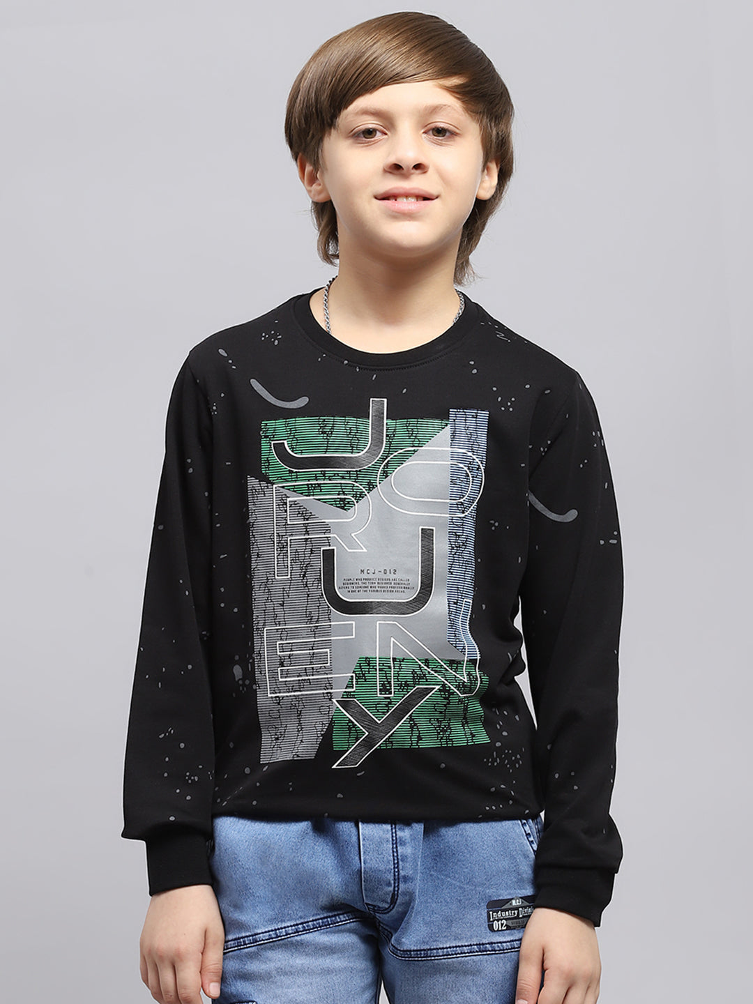 Boys Black Printed Round Neck Full Sleeve Sweatshirt