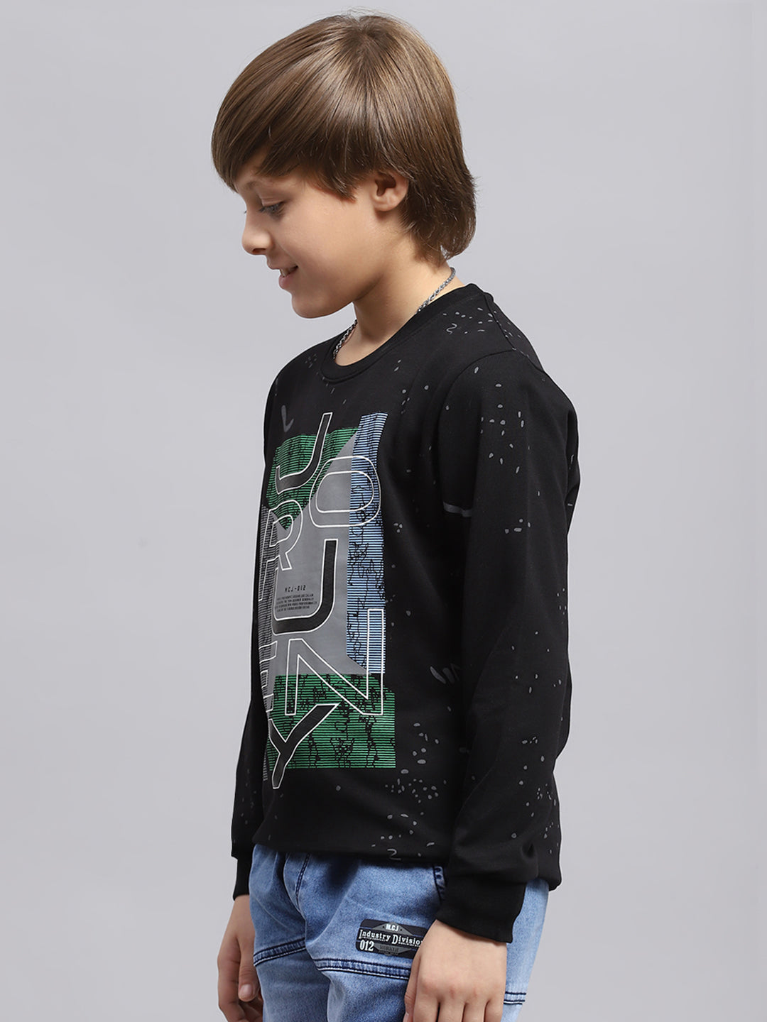 Boys Black Printed Round Neck Full Sleeve Sweatshirt