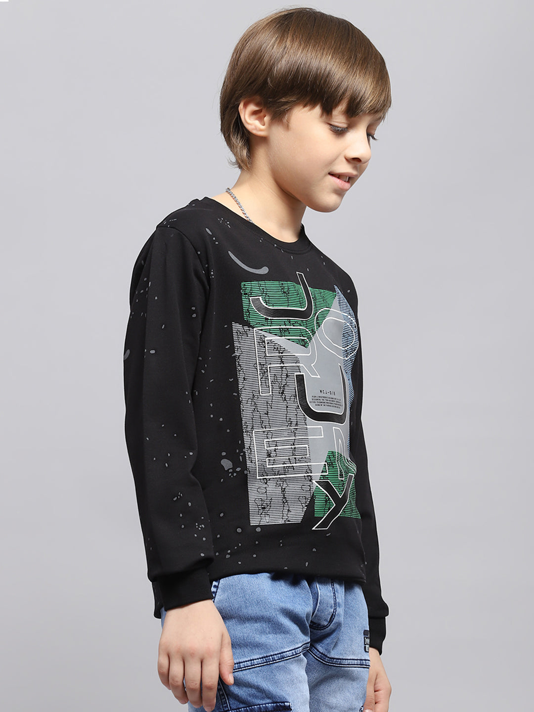 Boys Black Printed Round Neck Full Sleeve Sweatshirt