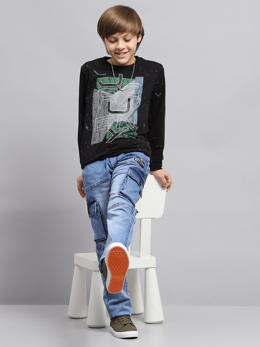 Boys Black Printed Round Neck Full Sleeve Sweatshirt