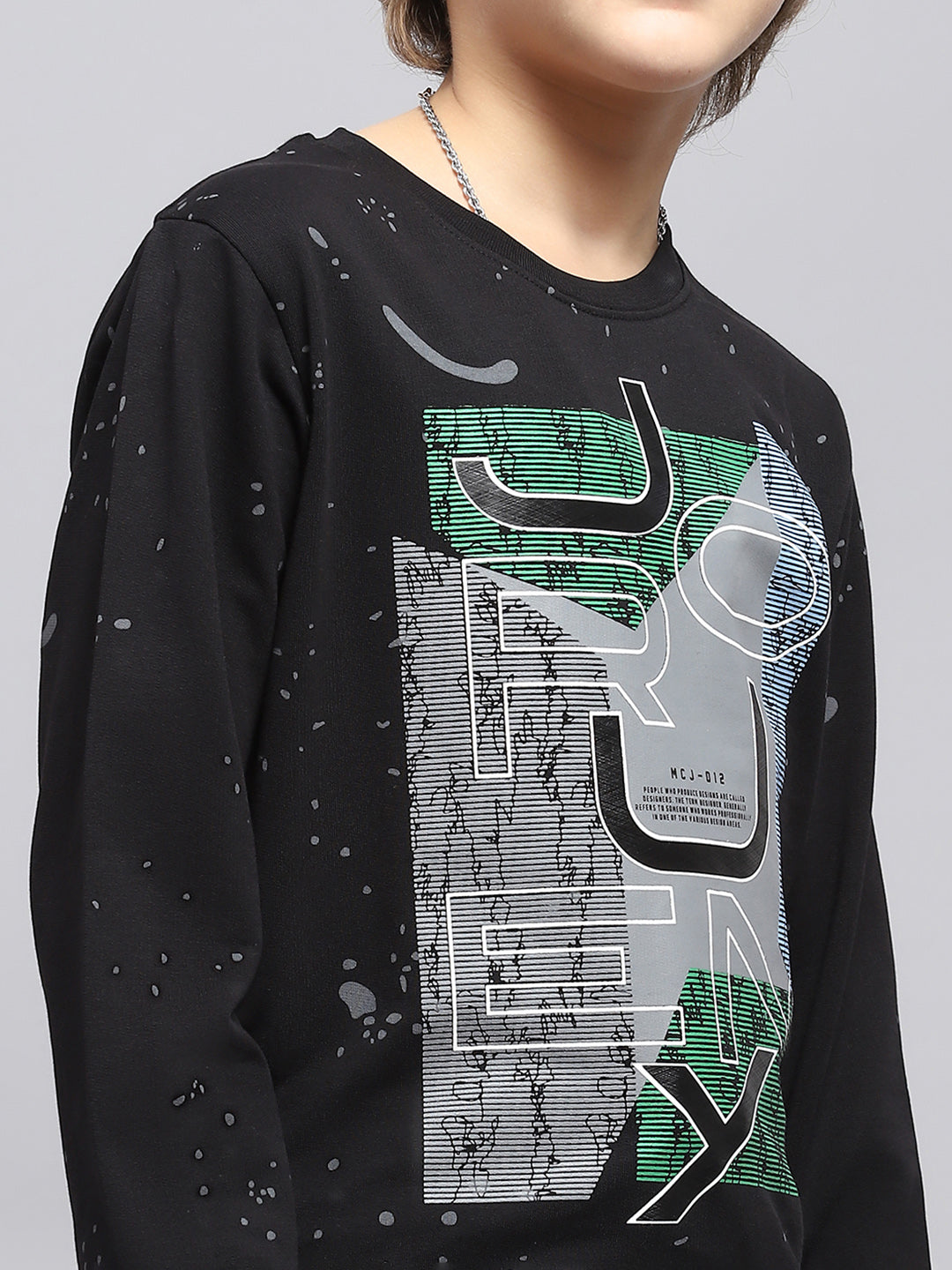 Boys Black Printed Round Neck Full Sleeve Sweatshirt