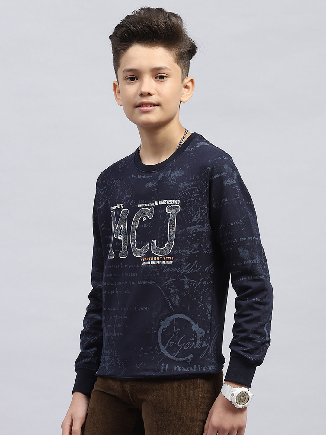 Boys Navy Blue Printed Round Neck Full Sleeve Sweatshirt