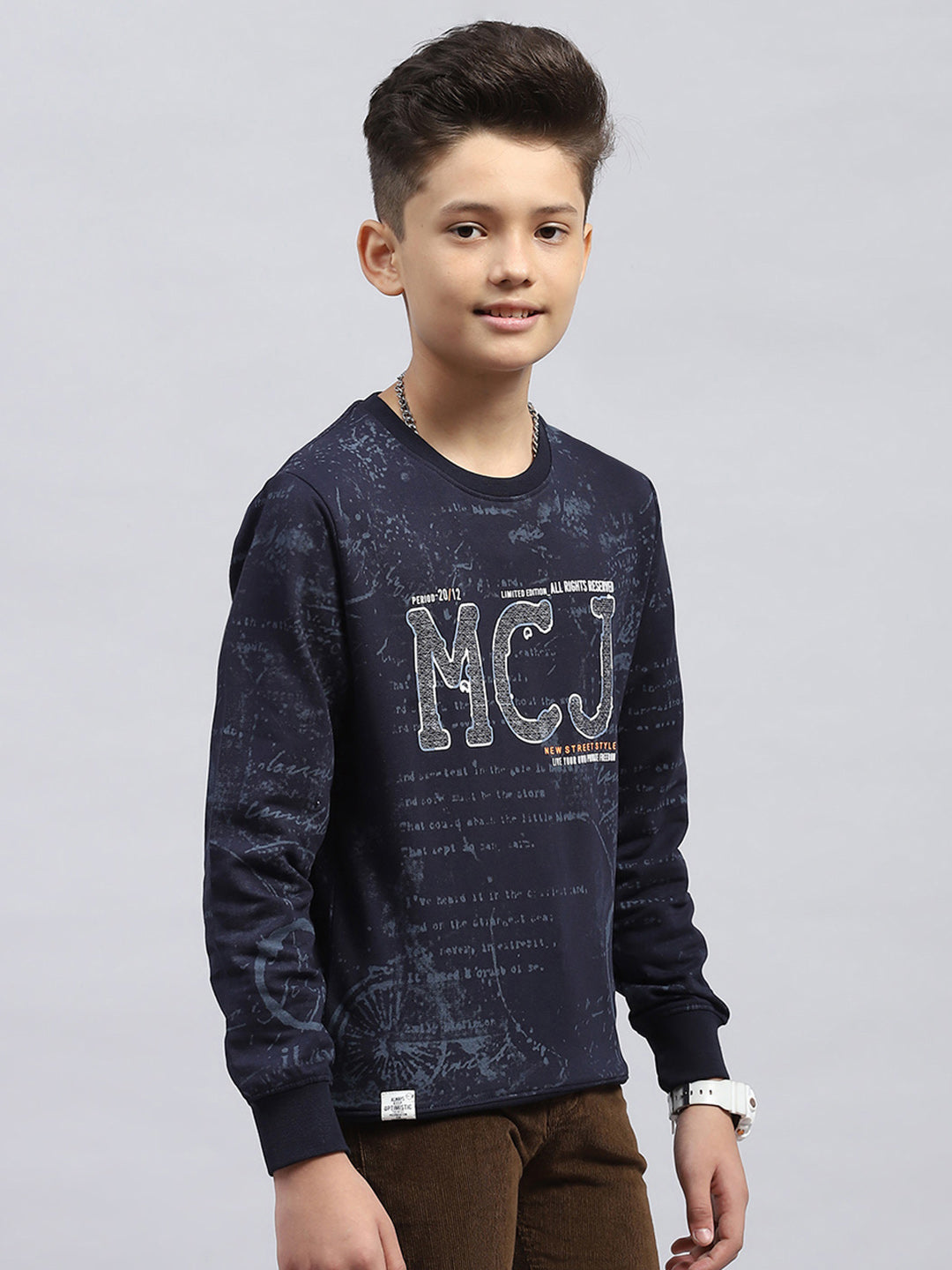 Boys Navy Blue Printed Round Neck Full Sleeve Sweatshirt