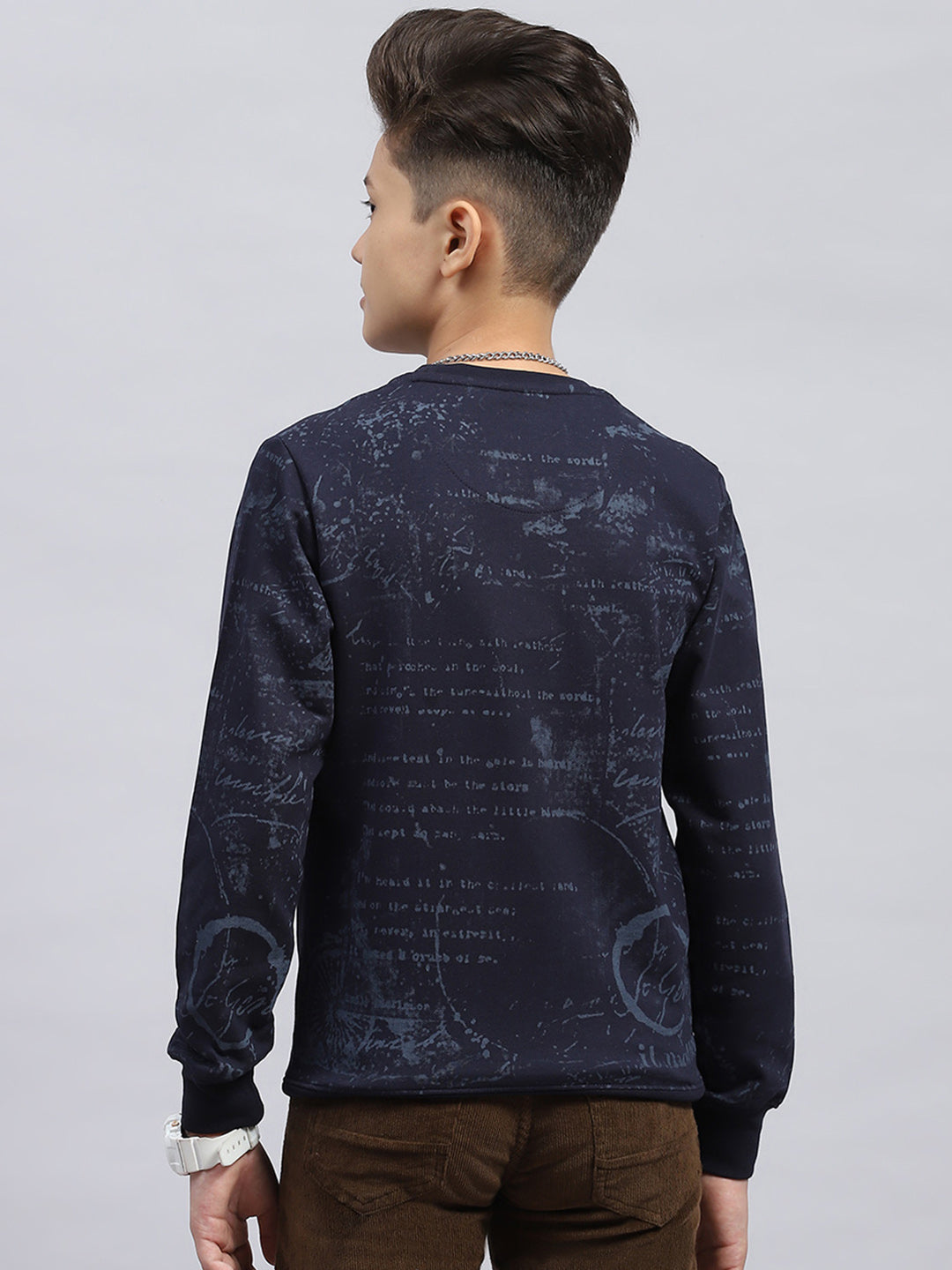 Boys Navy Blue Printed Round Neck Full Sleeve Sweatshirt