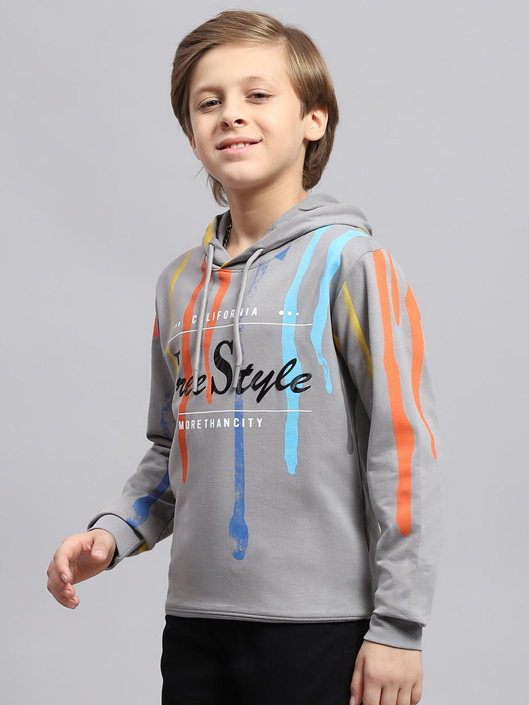 Boys Grey Printed Hooded Full Sleeve Sweatshirt