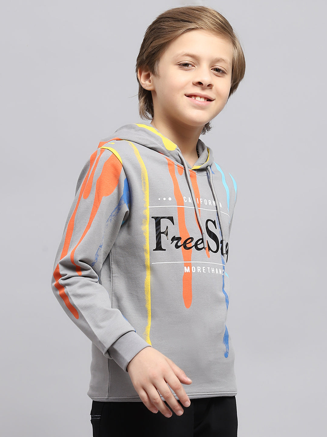 Boys Grey Printed Hooded Full Sleeve Sweatshirt