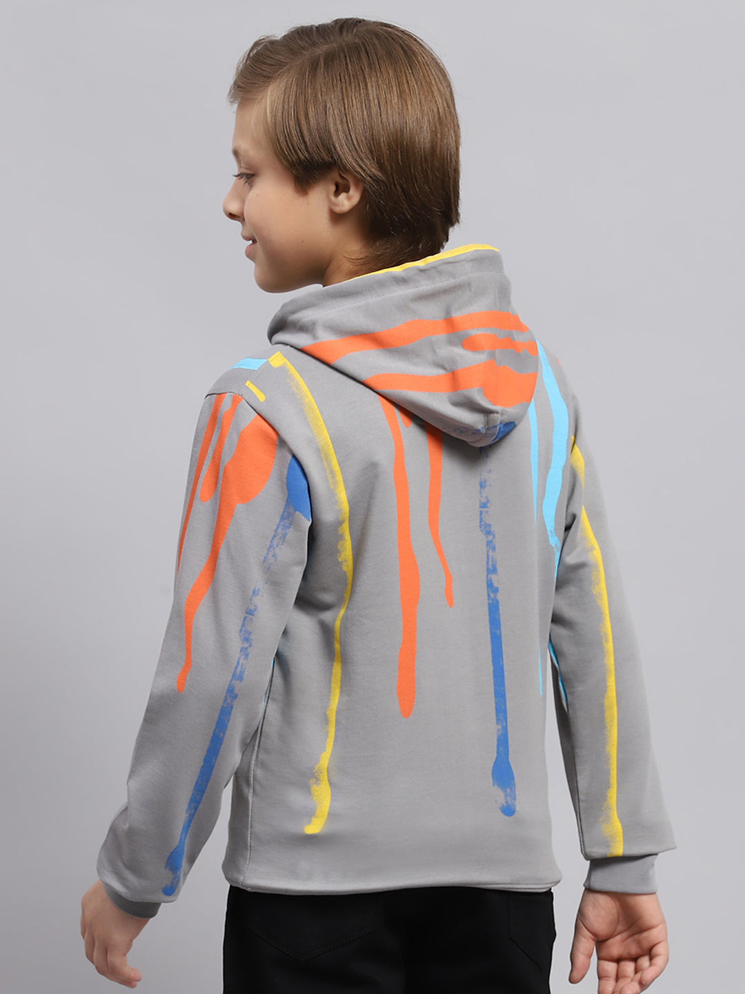 Boys Grey Printed Hooded Full Sleeve Sweatshirt