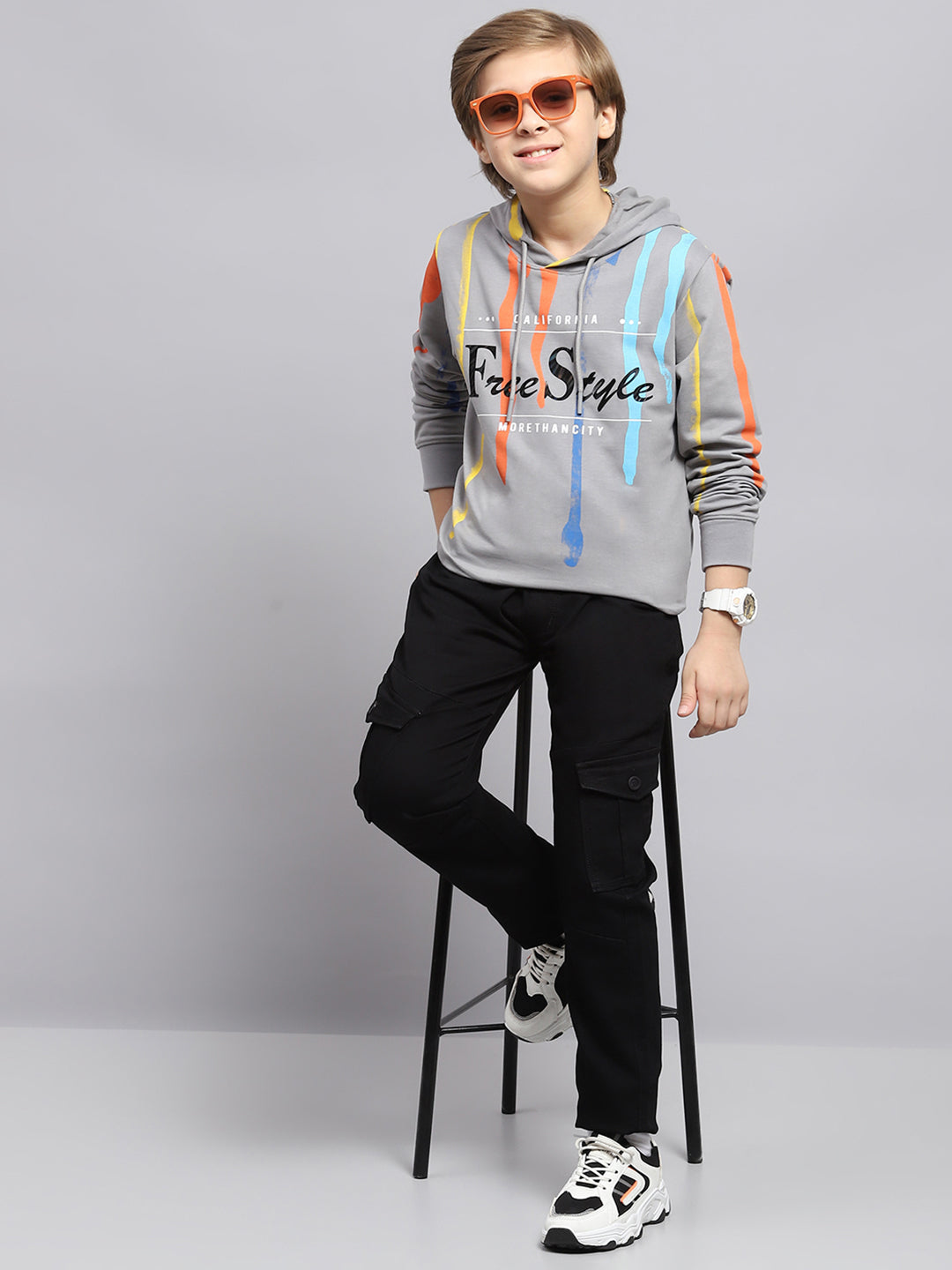 Boys Grey Printed Hooded Full Sleeve Sweatshirt