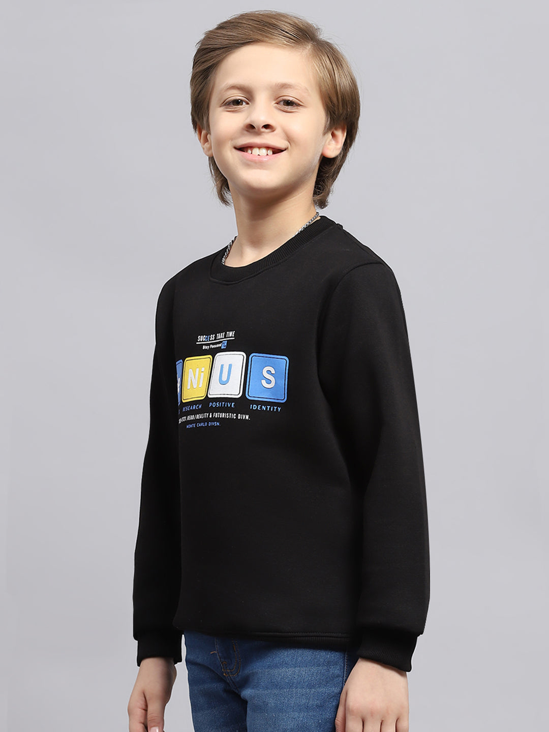 Boys Black Printed Round Neck Full Sleeve Sweatshirt