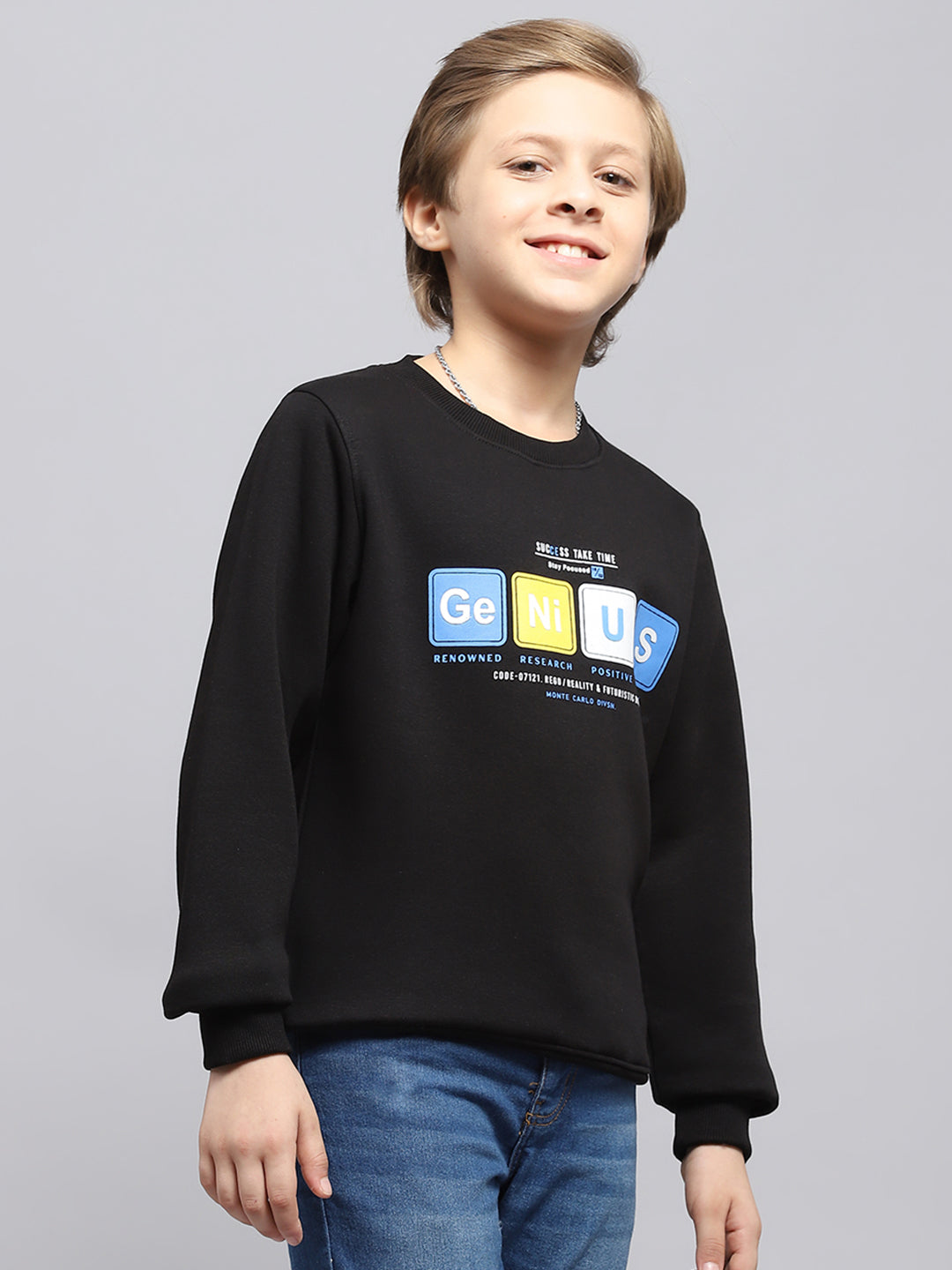 Boys Black Printed Round Neck Full Sleeve Sweatshirt