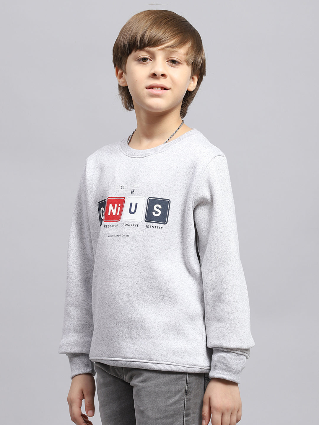 Boys Grey Printed Round Neck Full Sleeve Sweatshirt