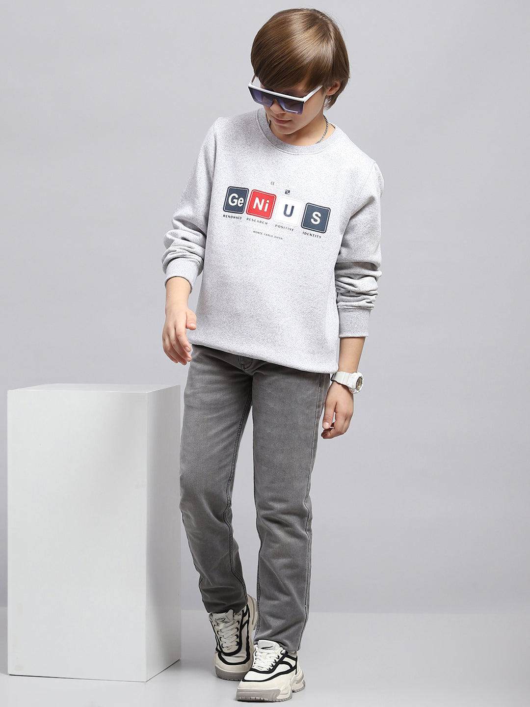 Boys Grey Printed Round Neck Full Sleeve Sweatshirt