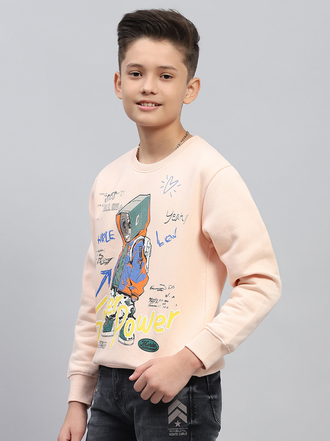 Boys Peach Printed Round Neck Full Sleeve Sweatshirt