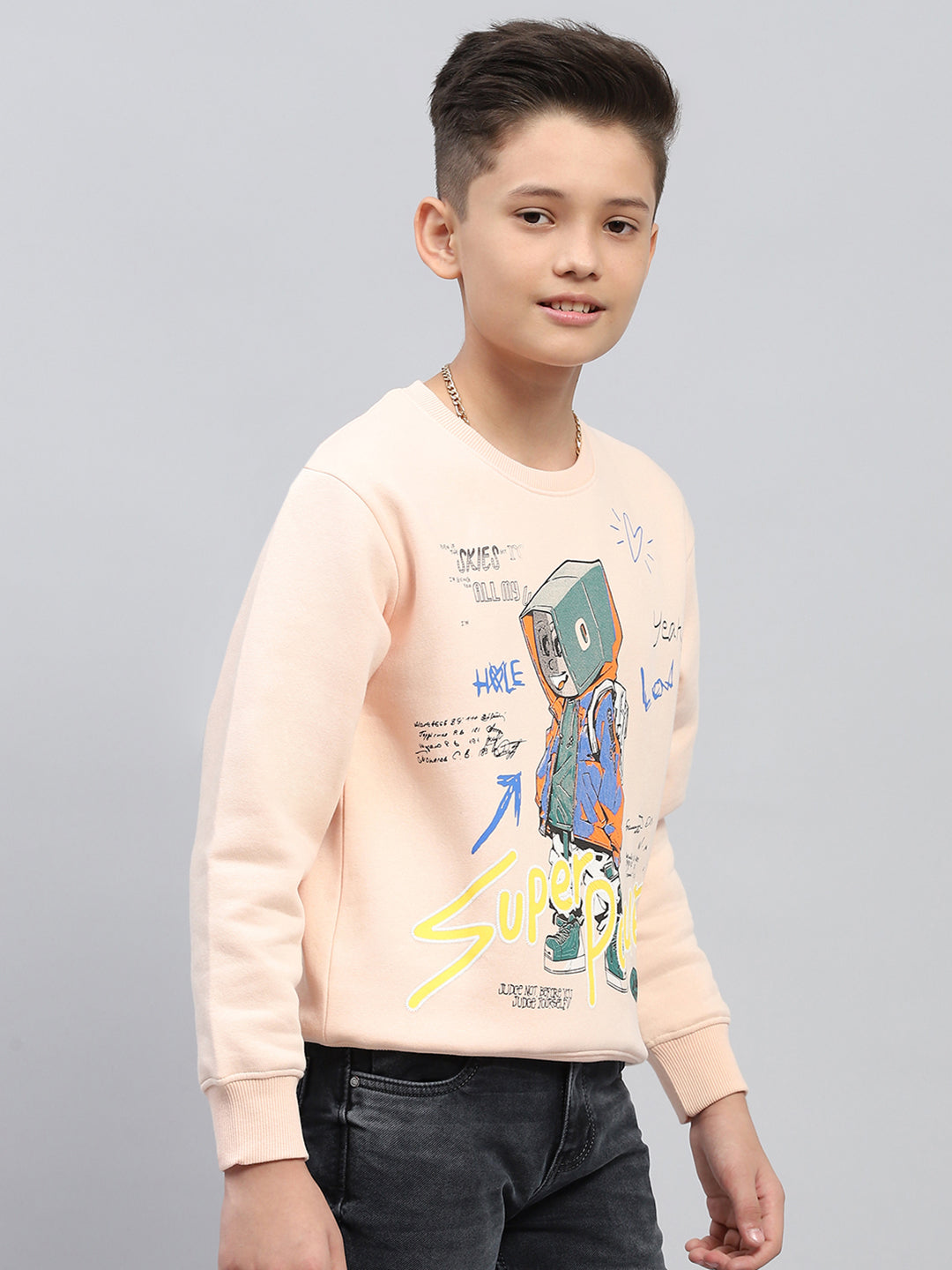 Boys Peach Printed Round Neck Full Sleeve Sweatshirt