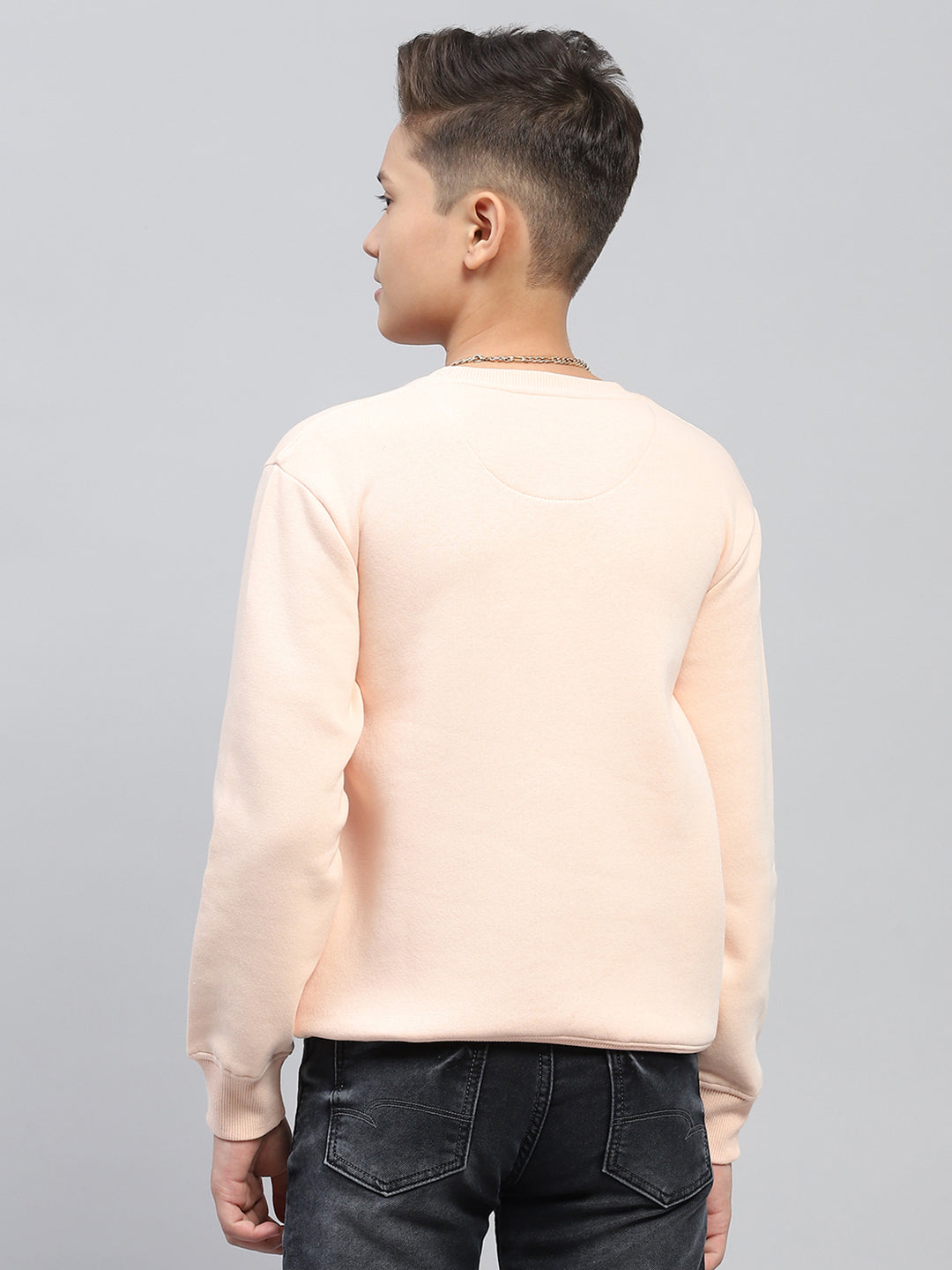 Boys Peach Printed Round Neck Full Sleeve Sweatshirt