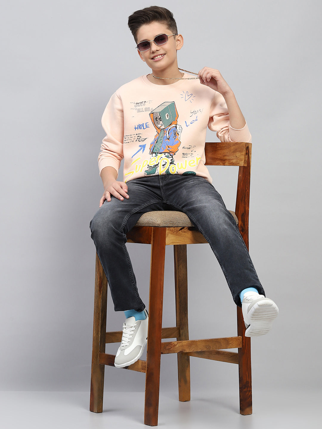 Boys Peach Printed Round Neck Full Sleeve Sweatshirt