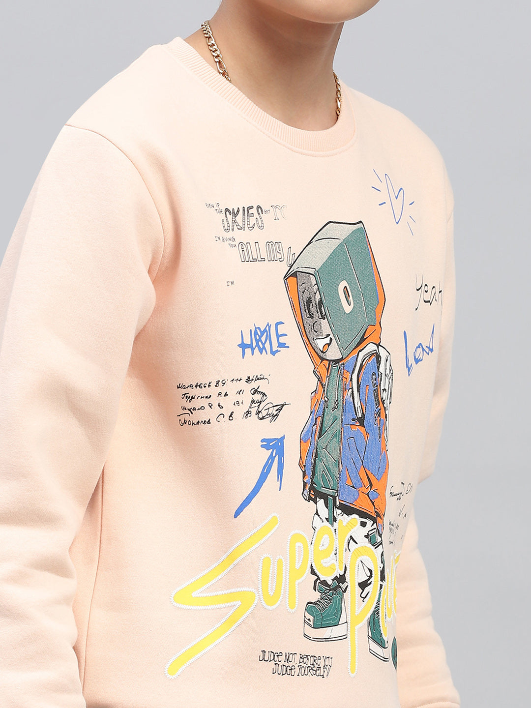 Boys Peach Printed Round Neck Full Sleeve Sweatshirt