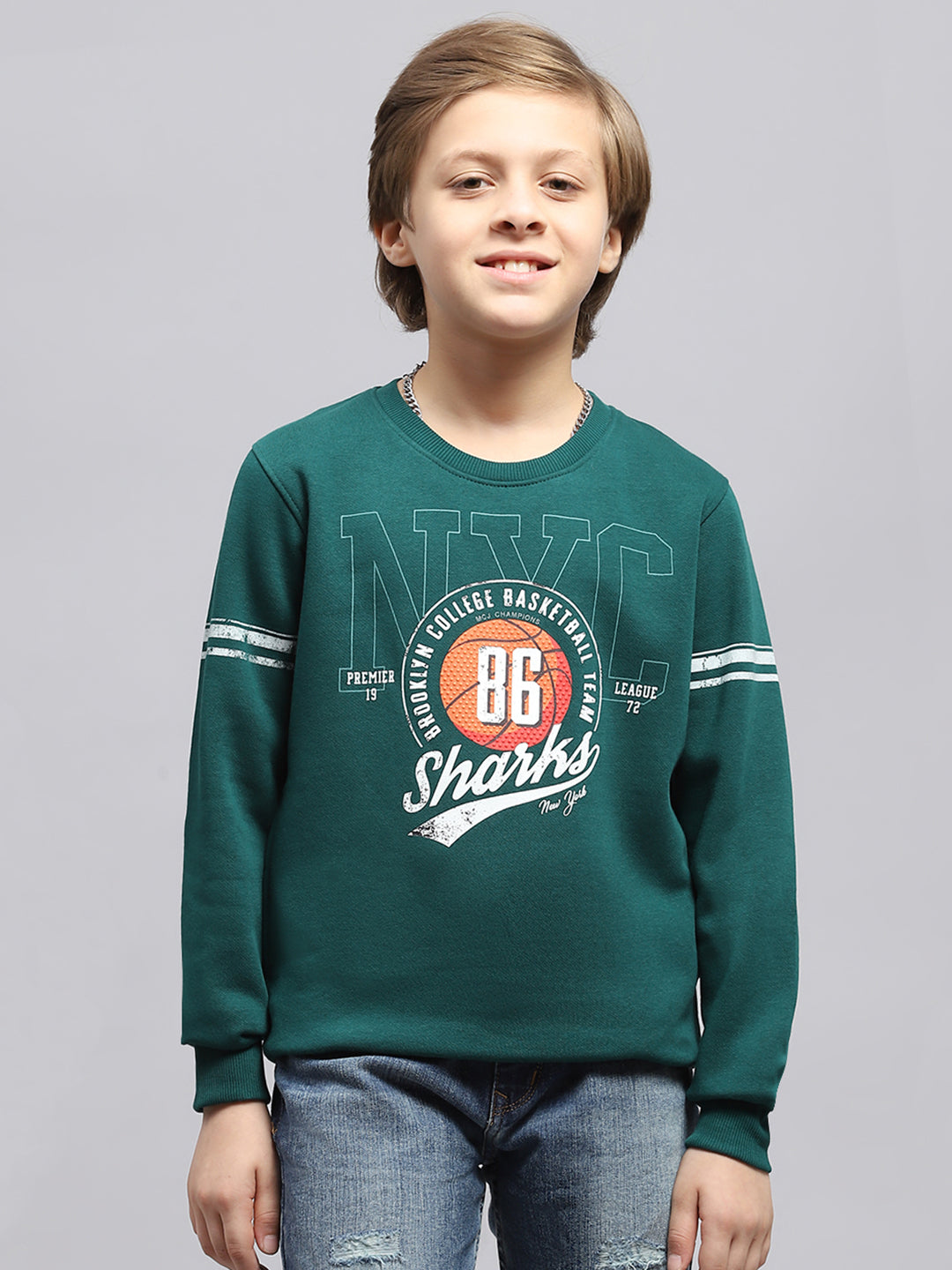 Boys Green Printed Round Neck Full Sleeve Sweatshirt