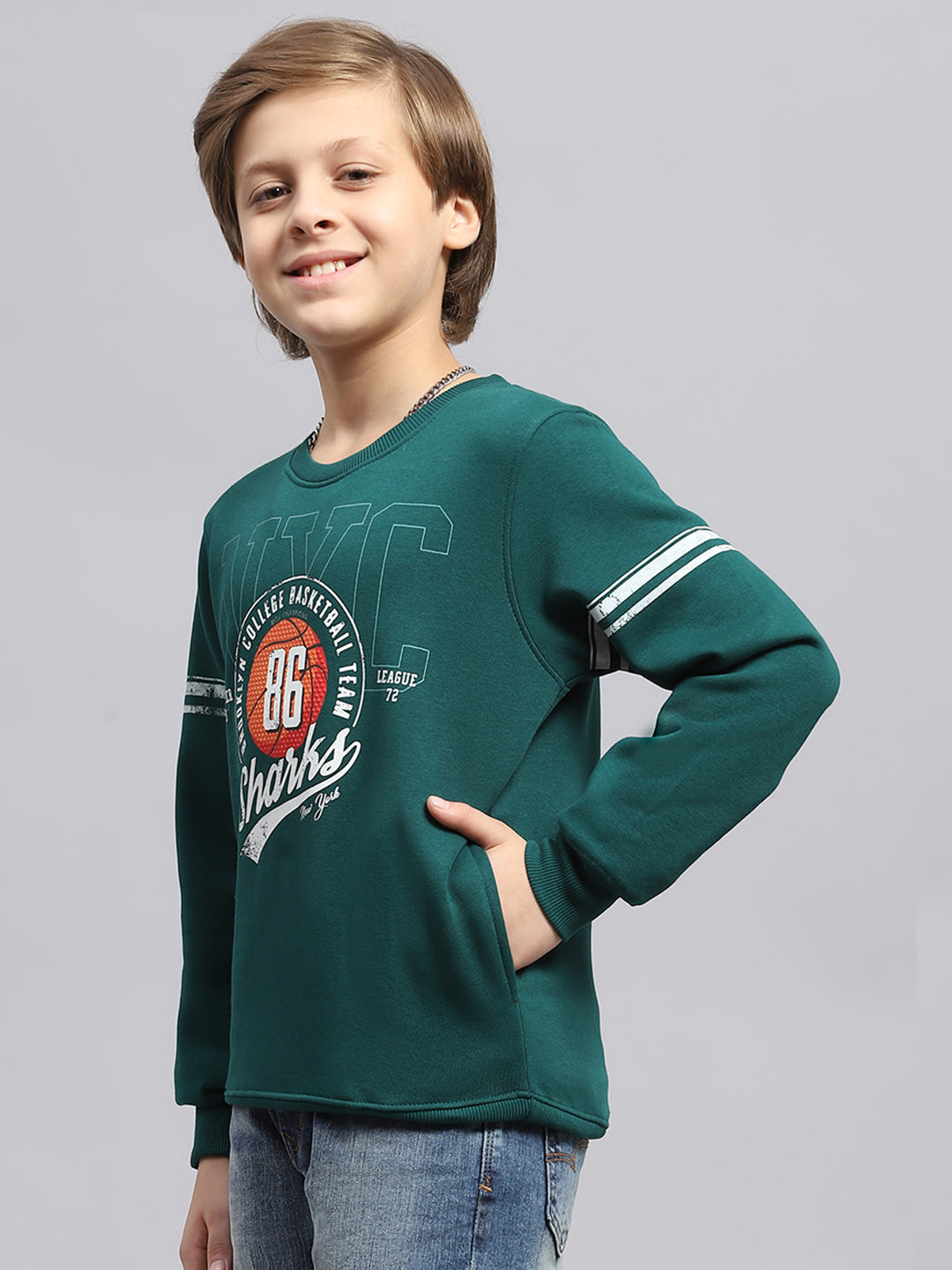 Boys Green Printed Round Neck Full Sleeve Sweatshirt