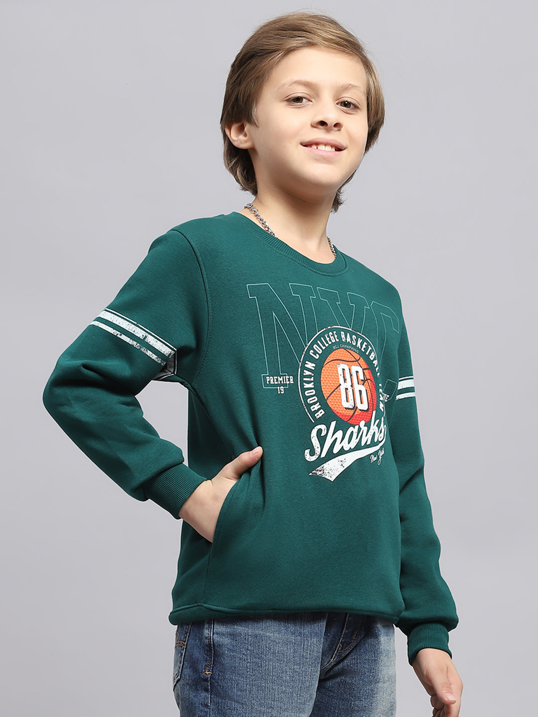 Boys Green Printed Round Neck Full Sleeve Sweatshirt