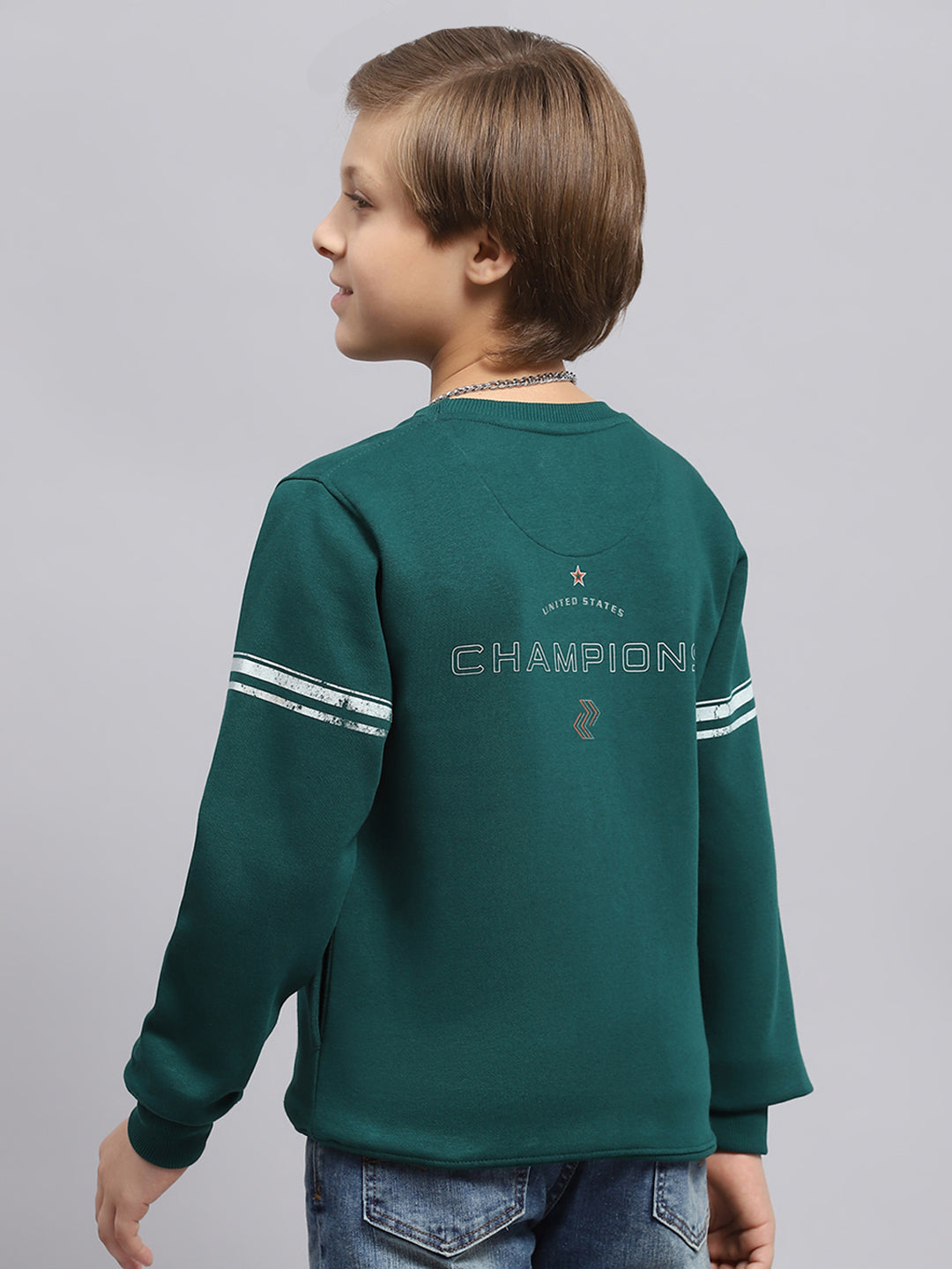 Boys Green Printed Round Neck Full Sleeve Sweatshirt