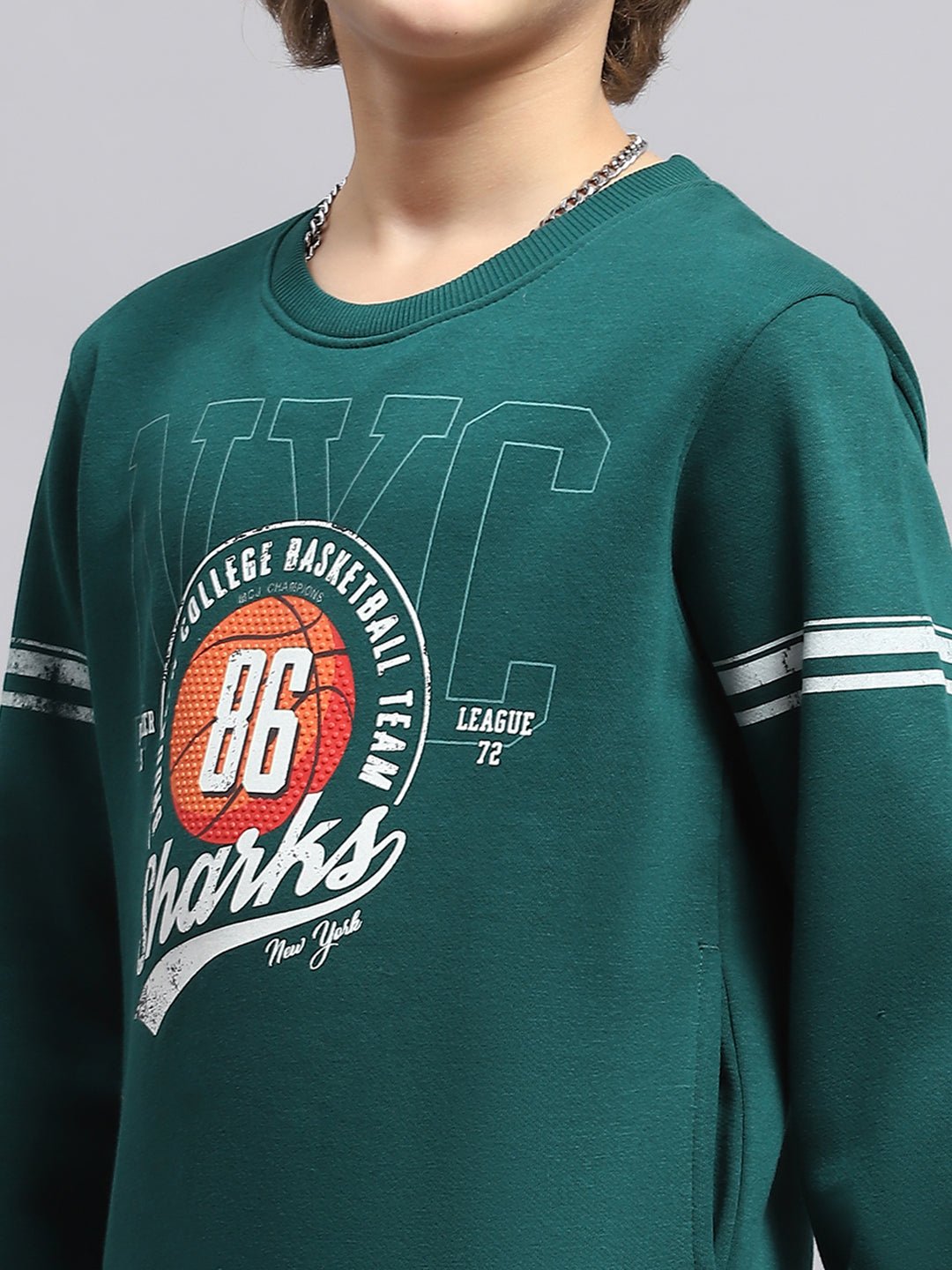 Boys Green Printed Round Neck Full Sleeve Sweatshirt