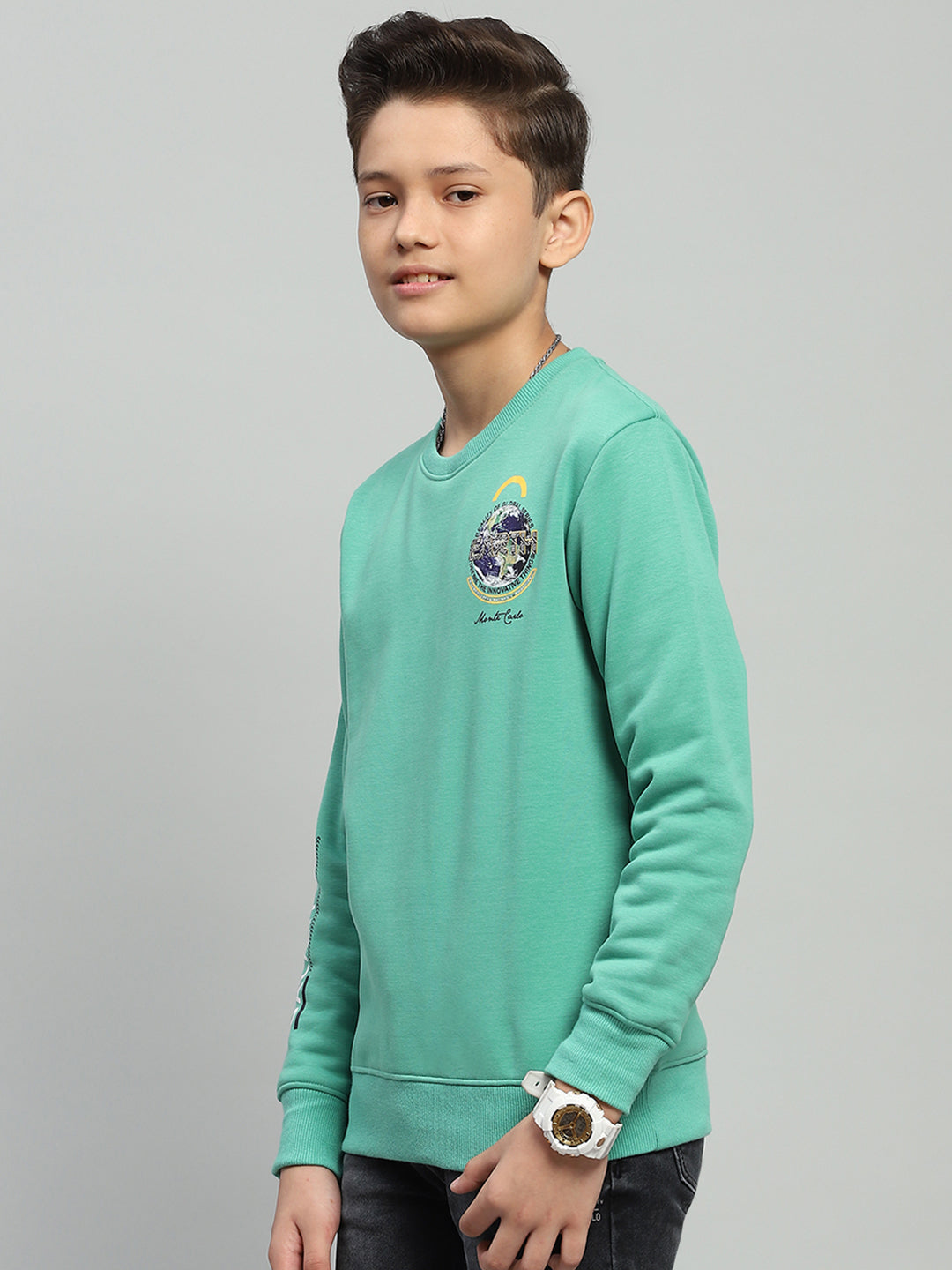 Boys Green Printed Round Neck Full Sleeve Sweatshirt