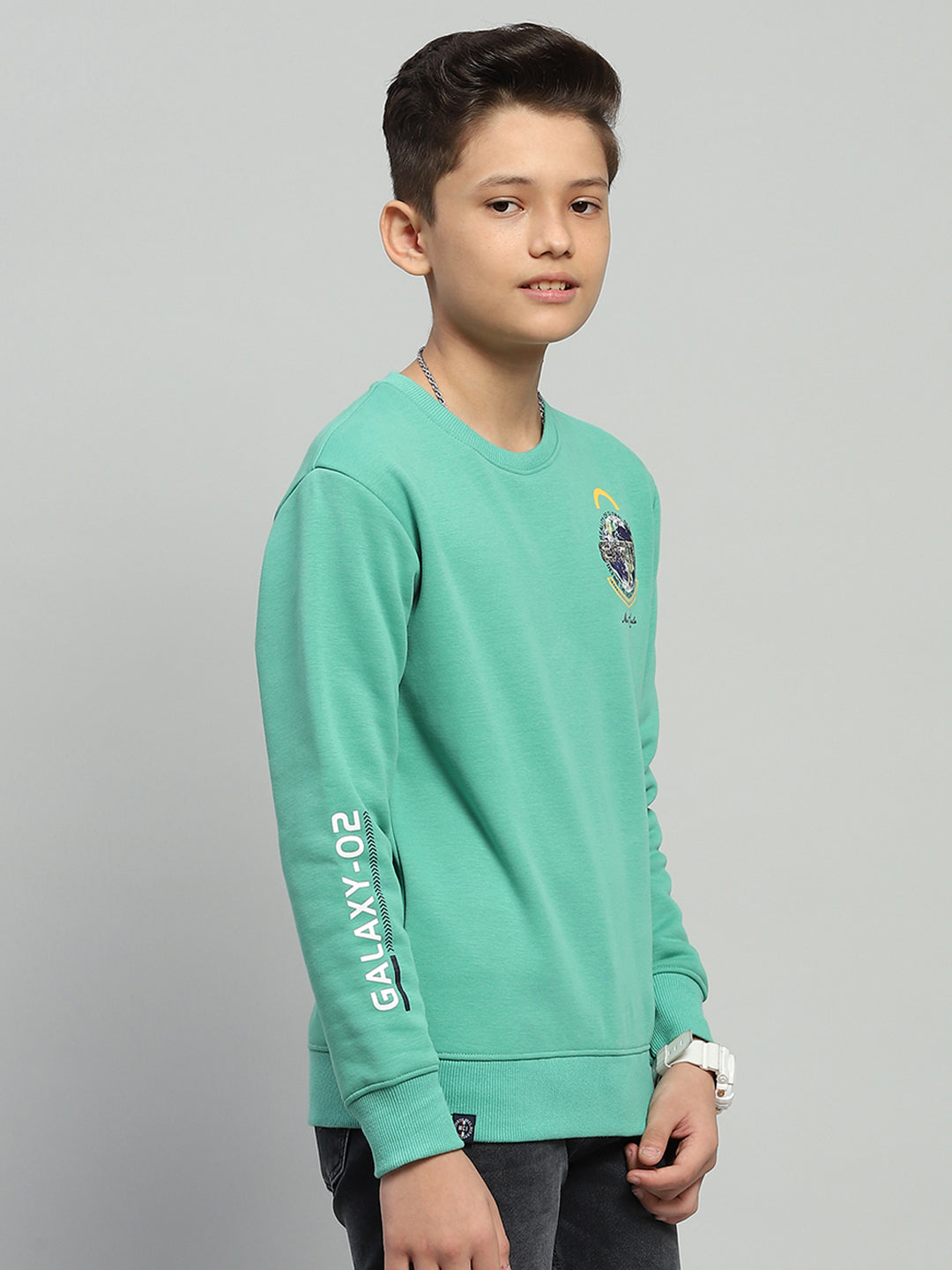 Boys Green Printed Round Neck Full Sleeve Sweatshirt