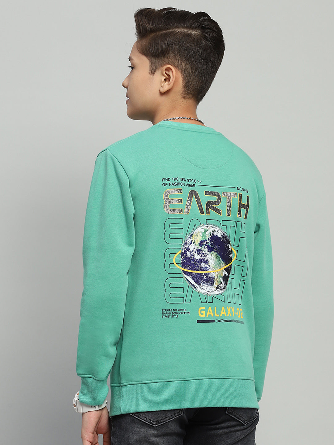 Boys Green Printed Round Neck Full Sleeve Sweatshirt