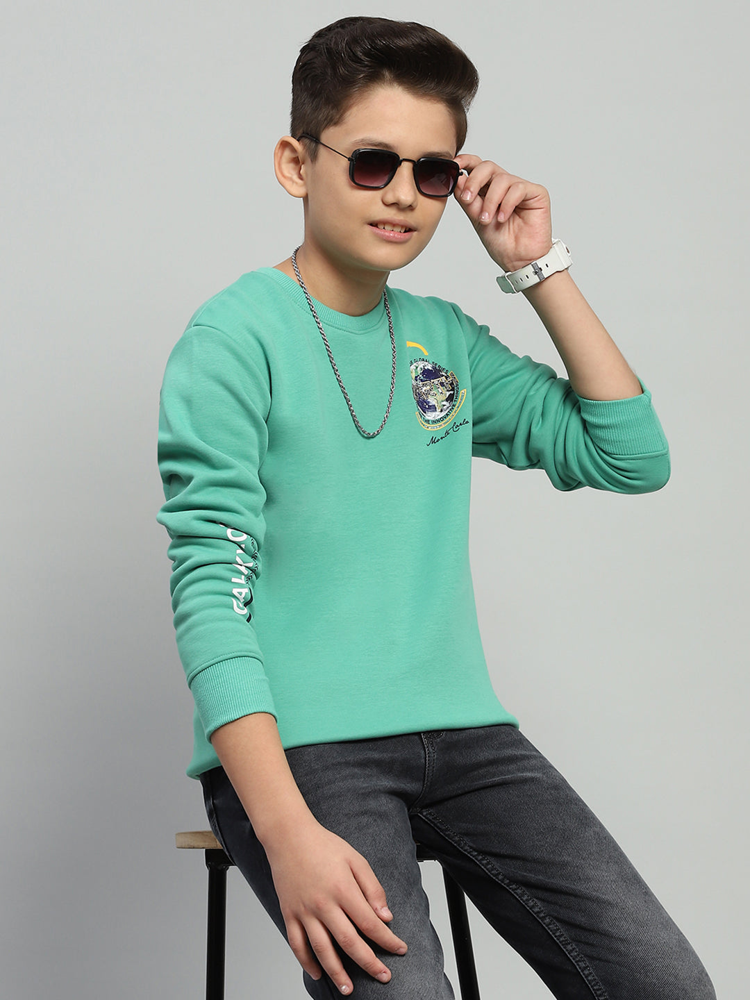 Boys Green Printed Round Neck Full Sleeve Sweatshirt