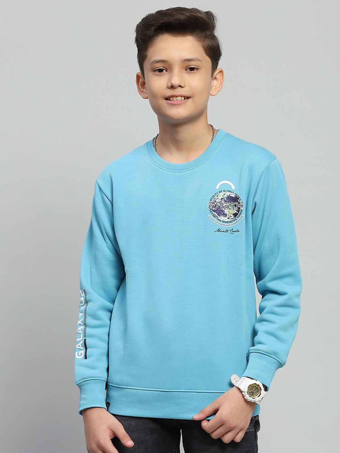 Boys Blue Printed Round Neck Full Sleeve Sweatshirt