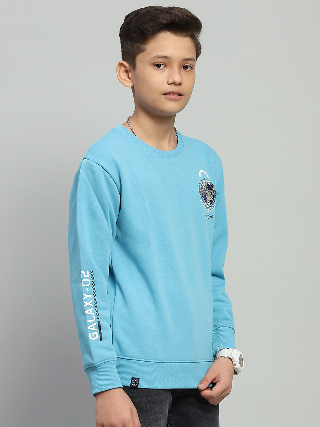 Boys Blue Printed Round Neck Full Sleeve Sweatshirt