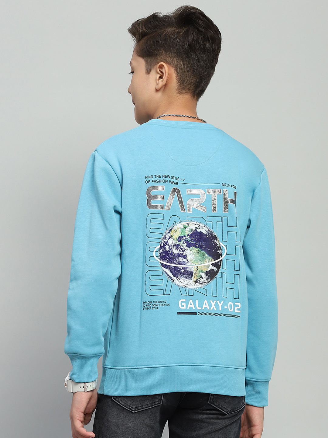 Boys Blue Printed Round Neck Full Sleeve Sweatshirt