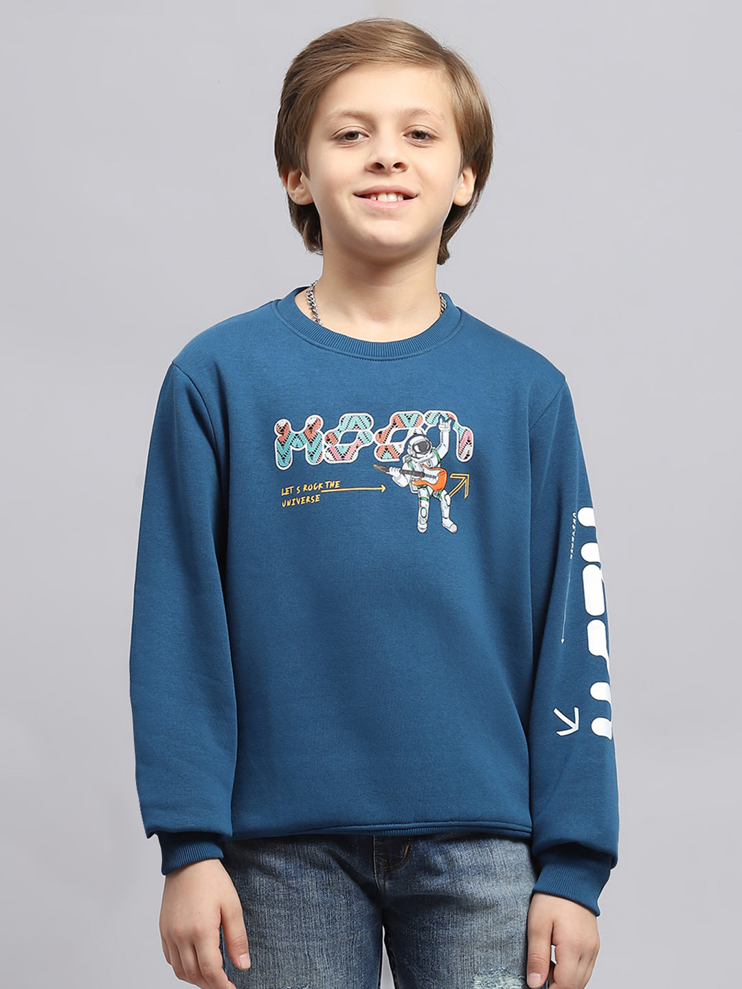 Boys Blue Printed Round Neck Full Sleeve Sweatshirt