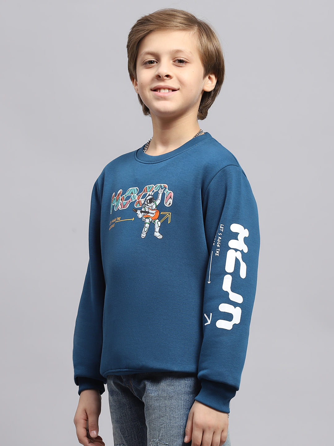 Boys Blue Printed Round Neck Full Sleeve Sweatshirt